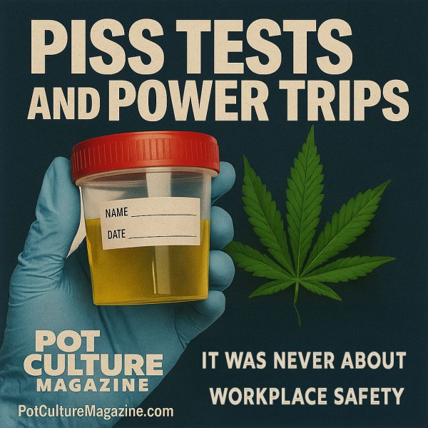 A gloved hand holds a urine sample container with a red lid and blank label, filled with yellow liquid. To the right, a green cannabis leaf is displayed on a dark blue background. Large cream-colored text at the top reads “Piss Tests and Power Trips,” with smaller text below stating “It was never about workplace safety.” The Pot Culture Magazine logo and website, potculturemagazine.com, appear at the bottom left.