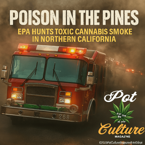 A fire truck speeds through thick smoke with its lights flashing. The scene is tinted in earthy tones, evoking urgency and danger. Bold text reads “Poison in the Pines: EPA Hunts Toxic Cannabis Smoke in Northern California.” The Pot Culture Magazine logo and copyright are placed in the bottom right.