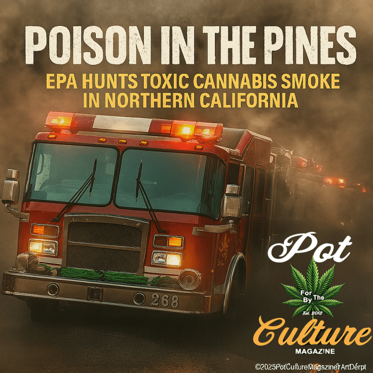 A fire truck speeds through thick smoke with its lights flashing. The scene is tinted in earthy tones, evoking urgency and danger. Bold text reads “Poison in the Pines: EPA Hunts Toxic Cannabis Smoke in Northern California.” The Pot Culture Magazine logo and copyright are placed in the bottom right.