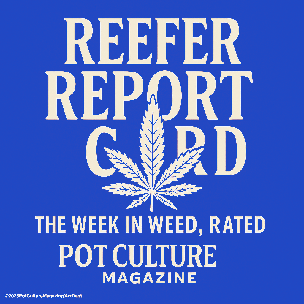 Blue background with white text reading ‘REEFER REPORT CARD: The Week in Weed, Rated.’ A large cannabis leaf is centered between the words. The Pot Culture Magazine logo and ©2025PotCultureMagazine/ArtDept appear at the bottom. PotCultureMagazine.com