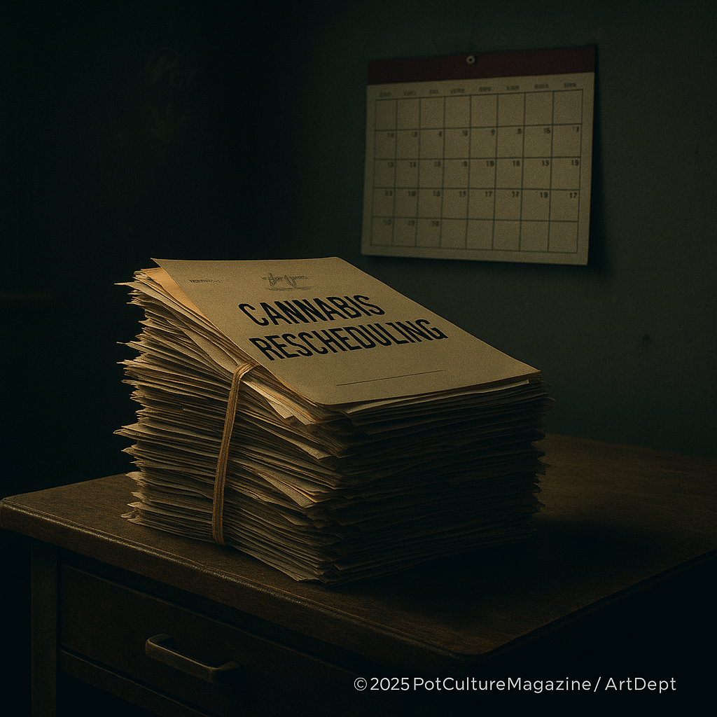 A thick stack of official papers labeled ‘Cannabis Rescheduling’ tied with string sits on an old wooden desk. A calendar on the wall shows dates circled. ©2025PotCultureMagazine/ArtDept. PotCultureMagazine.com