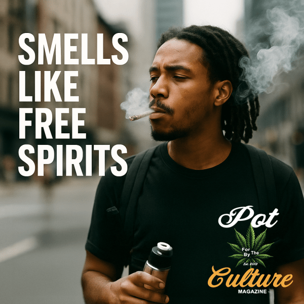 A man with dreadlocks smokes a joint while walking through a city street, exhaling a cloud of cannabis smoke. Overlaid text reads: “Smells Like Free Spirits. The world says cannabis is legal, but the smell of it still gets people punished. From DC to Singapore, weed odor is treated like a criminal act. Prohibition never really died. It just mutated.” Pot Culture Magazine branding appears in the corner.