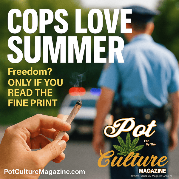 A hand holding a lit joint in the foreground as a police officer walks toward a police car with flashing lights in the background. Bold text reads: “COPS LOVE SUMMER” with smaller text below saying “Freedom? Only if you read the fine print.” The Pot Culture Magazine logo and PotCultureMagazine.com appear at the bottom.