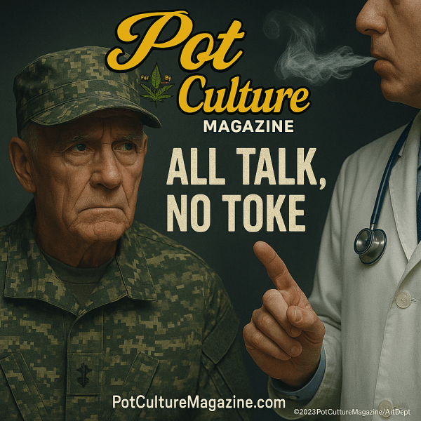 An older man in military camouflage looks serious as a doctor in a white coat raises a finger while exhaling smoke. The text reads “All Talk, No Toke” with Pot Culture Magazine branding and PotCultureMagazine.com at the bottom.