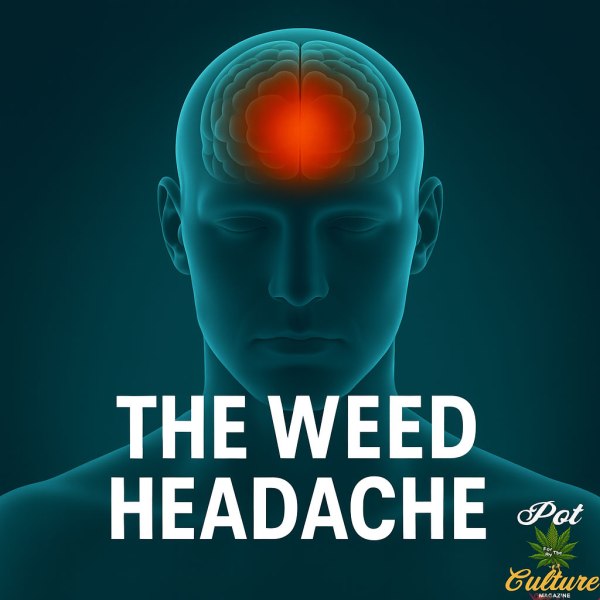 Medical-style digital rendering of a human figure shown from the shoulders up, with a glowing red area at the center of the brain to illustrate a headache. The background is teal-blue, and bold white text across the image reads “THE WEED HEADACHE.” The Pot Culture Magazine logo is placed in the lower right corner. The image conveys cannabis withdrawal symptoms using sleek, clinical visual cues.