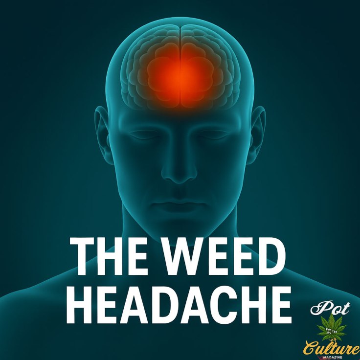 Medical-style digital rendering of a human figure shown from the shoulders up, with a glowing red area at the center of the brain to illustrate a headache. The background is teal-blue, and bold white text across the image reads “THE WEED HEADACHE.” The Pot Culture Magazine logo is placed in the lower right corner. The image conveys cannabis withdrawal symptoms using sleek, clinical visual cues.