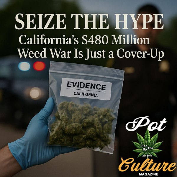 A gloved hand holds a clear plastic evidence bag filled with cannabis buds labeled “Evidence – California.” In the blurred background, a police officer and a patrol car with flashing lights are visible. Overlaid text reads: “SEIZE THE HYPE – California’s $480 Million Weed War Is Just a Cover-Up.” Pot Culture Magazine logo is at the bottom