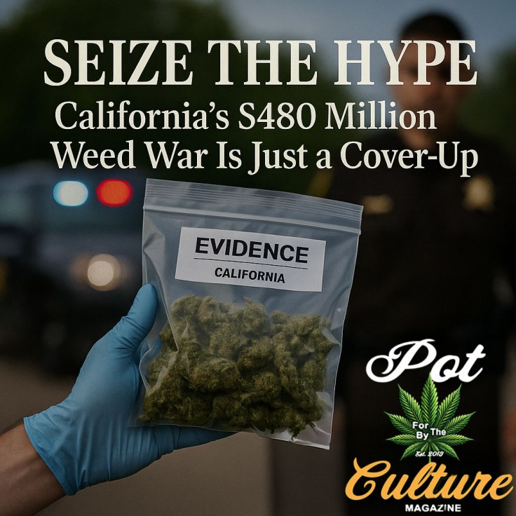 A gloved hand holds a clear plastic evidence bag filled with cannabis buds labeled “Evidence – California.” In the blurred background, a police officer and a patrol car with flashing lights are visible. Overlaid text reads: “SEIZE THE HYPE – California’s $480 Million Weed War Is Just a Cover-Up.” Pot Culture Magazine logo is at the bottom
