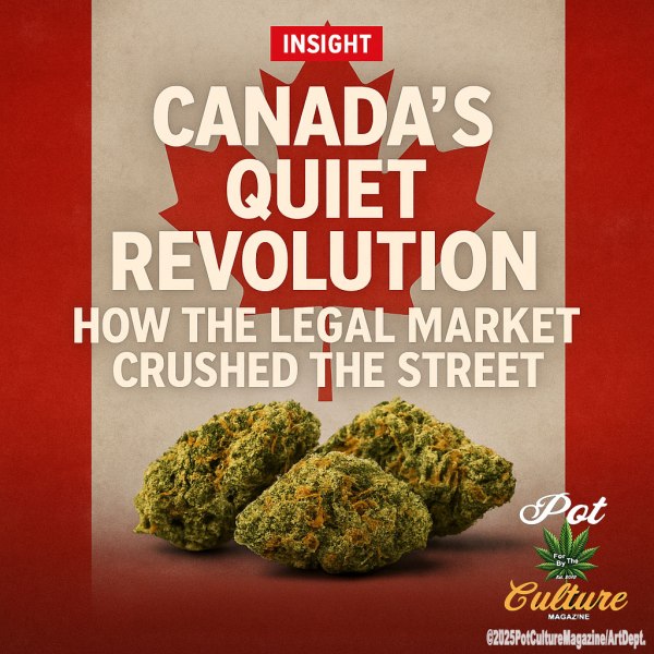 A graphic with a Canadian flag in the background and three cannabis buds at the bottom. Large bold text reads: “INSIGHT — Canada’s Quiet Revolution: How the Legal Market Crushed the Street.” At the bottom right is the Pot Culture Magazine logo featuring a cannabis leaf.