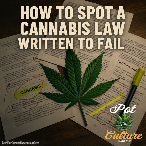 A close-up of legal documents spread on a desk with the word ‘CANNABIS’ circled in red and highlighted yellow. A realistic cannabis leaf rests on top of the papers alongside a yellow highlighter. Large bold beige text reads: ‘HOW TO SPOT A CANNABIS LAW WRITTEN TO FAIL.’ Pot Culture Magazine logo appears in the bottom right, with ©2025PotCultureMagazine/ArtDept in the lower left corner.