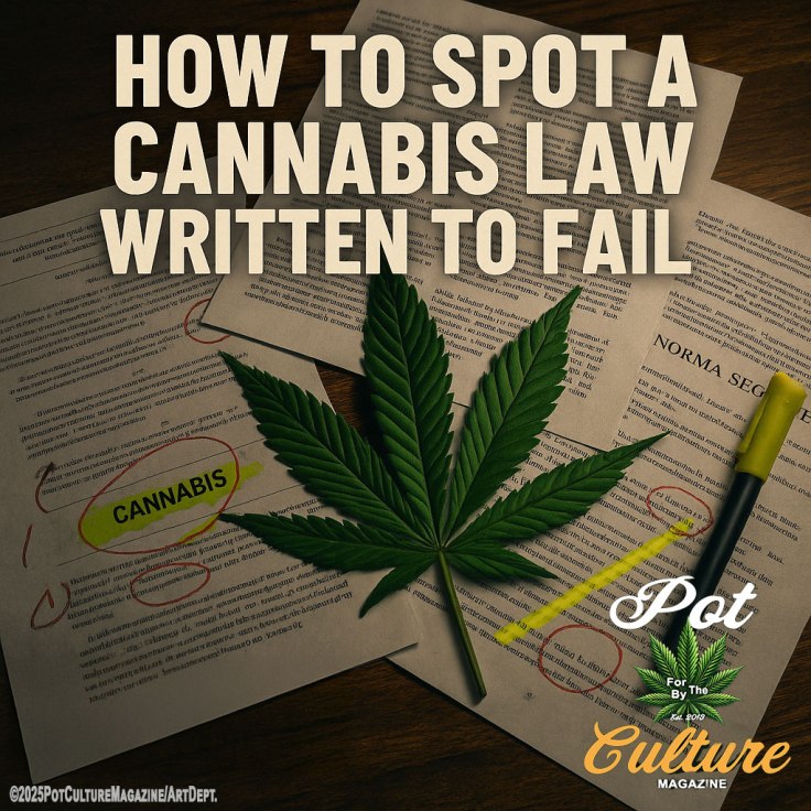 A close-up of legal documents spread on a desk with the word ‘CANNABIS’ circled in red and highlighted yellow. A realistic cannabis leaf rests on top of the papers alongside a yellow highlighter. Large bold beige text reads: ‘HOW TO SPOT A CANNABIS LAW WRITTEN TO FAIL.’ Pot Culture Magazine logo appears in the bottom right, with ©2025PotCultureMagazine/ArtDept in the lower left corner.