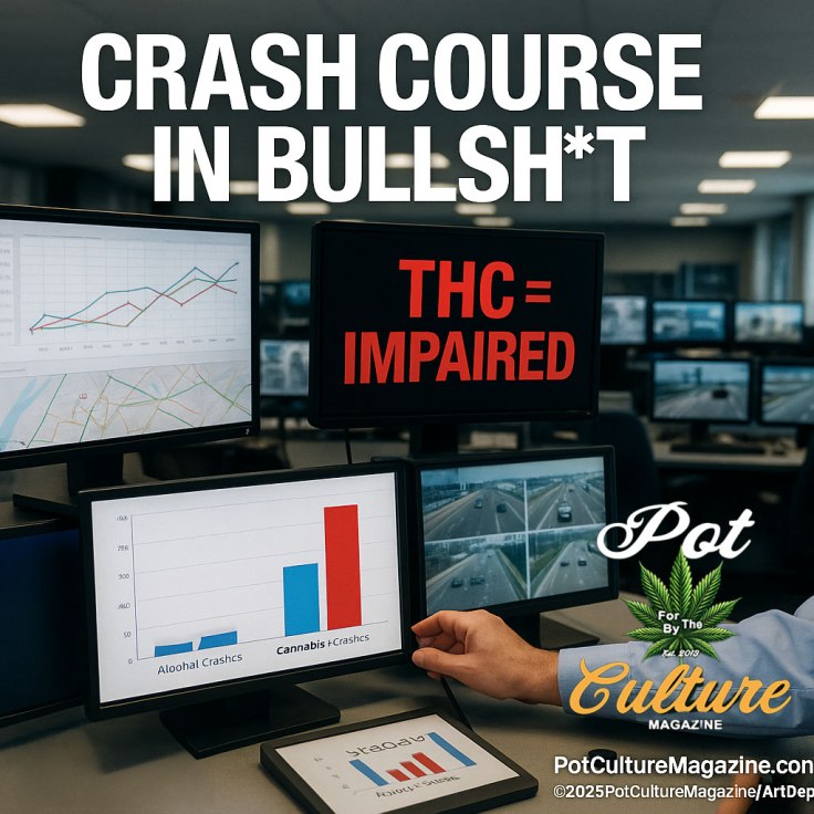 A satirical Pot Culture Magazine graphic shows a surveillance control room filled with screens. One screen reads “THC = IMPAIRED” in bold red letters, while a data chart on another monitor falsely shows cannabis crashes as higher than alcohol crashes. The bar chart includes two spelling errors: “Aloohal Crashcs” and “Cannabis rCrashcs.” The headline at the top reads “Crash Course in Bullsh*t,” highlighting the media manipulation of cannabis driving data.