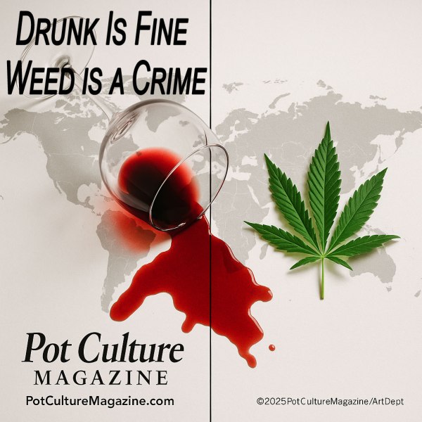 A spilled wine glass bleeds red wine across a world map, contrasting sharply with a clean, bright green cannabis leaf on the opposite side. Bold text reads, “Drunk Is Fine, Weed Is a Crime,” highlighting the hypocrisy of global drug laws. Pot Culture Magazine branding appears at the bottom.