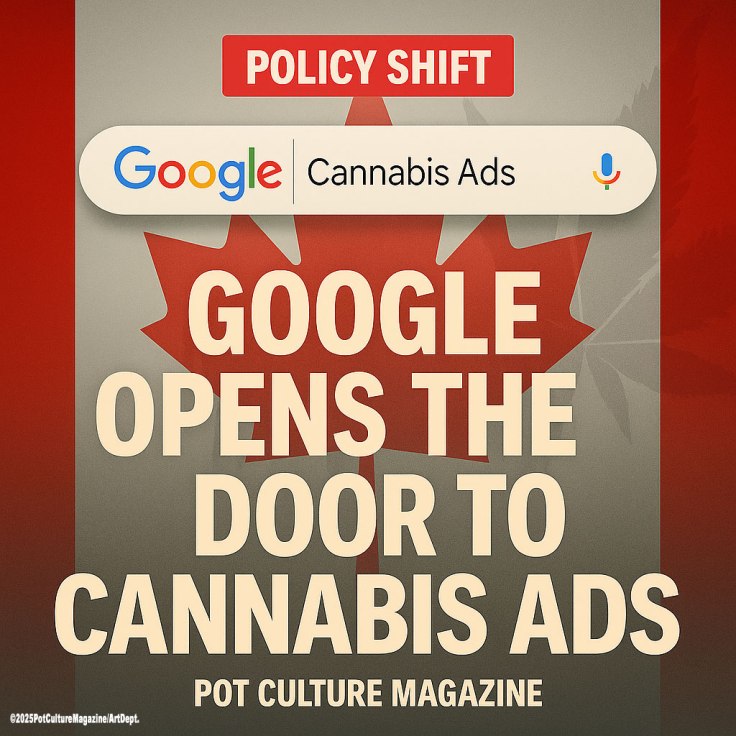 A bold graphic with a Canadian maple leaf in the background and a Google search bar reading “Cannabis Ads.” Large beige text over a red and gray gradient says, “Google Opens the Door to Cannabis Ads.” At the bottom, the text “Pot Culture Magazine” is prominently displayed, with ©2025PotCultureMagazine/ArtDept in the corner