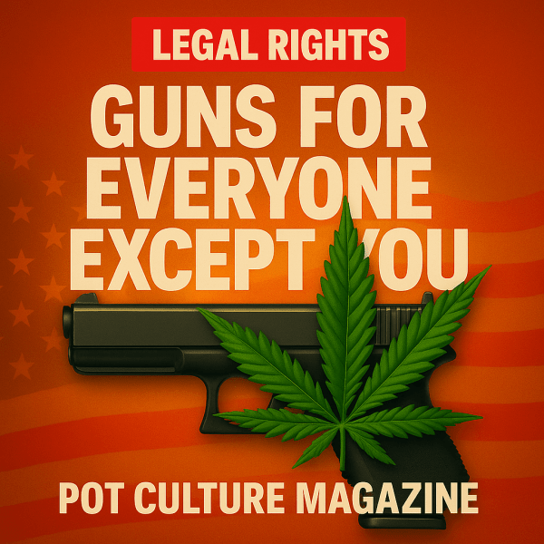 A graphic featuring a black handgun silhouette against an orange background with faint American flag stripes. A large green cannabis leaf overlays the gun. Above, bold white text reads: “LEGAL RIGHTS” and “GUNS FOR EVERYONE EXCEPT YOU.” At the bottom, the text “POT CULTURE MAGAZINE” is displayed.
