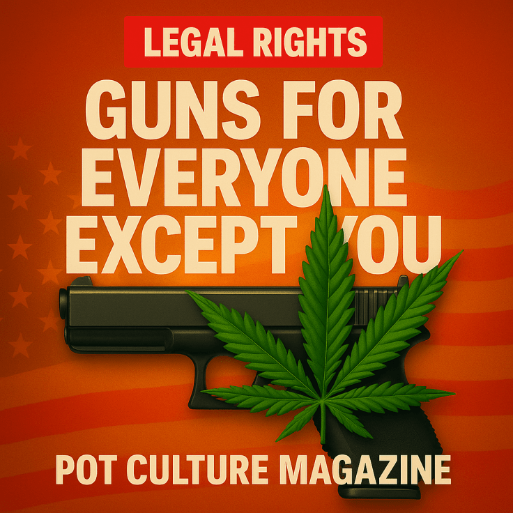 A graphic featuring a black handgun silhouette against an orange background with faint American flag stripes. A large green cannabis leaf overlays the gun. Above, bold white text reads: “LEGAL RIGHTS” and “GUNS FOR EVERYONE EXCEPT YOU.” At the bottom, the text “POT CULTURE MAGAZINE” is displayed.