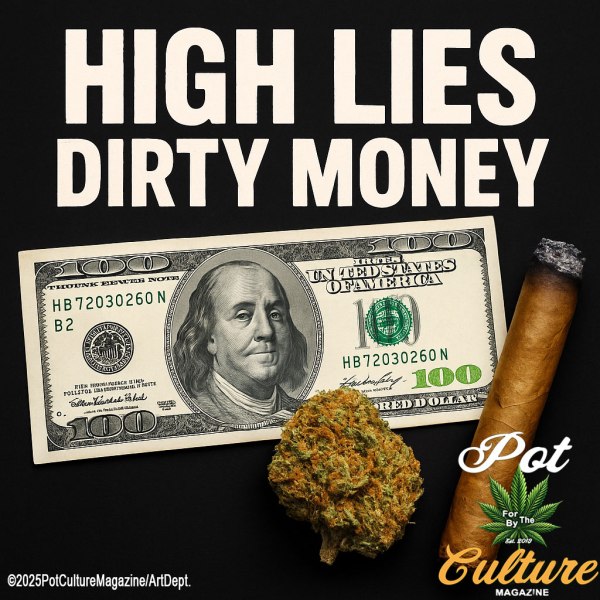 A bold graphic with the headline “HIGH LIES DIRTY MONEY” in white text against a black background. Below the text, a crisp hundred-dollar bill is placed flat with Benjamin Franklin’s face in the center. Beside it are a nug of cannabis and a blunt with a slightly burnt tip. Pot Culture Magazine’s logo and copyright ©2025PotCultureMagazine/ArtDept appear in the corner.