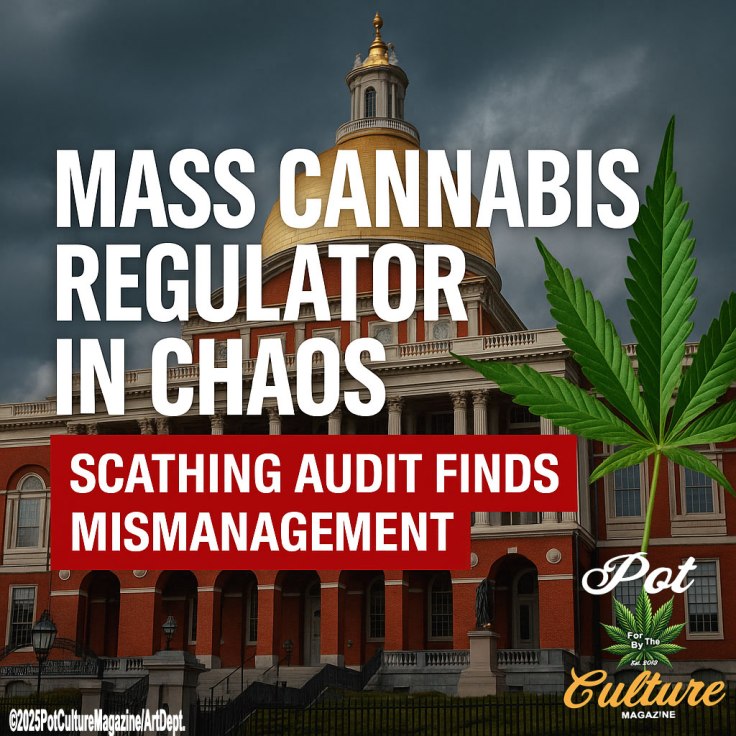 A news graphic showing the Massachusetts State House with its gold dome under a cloudy sky. Large white text reads “MASS CANNABIS REGULATOR IN CHAOS,” with a bold red banner underneath that says “SCATHING AUDIT FINDS MISMANAGEMENT.” A large cannabis leaf overlaps the right side of the image. The Pot Culture Magazine logo appears at the bottom right with a small copyright notice