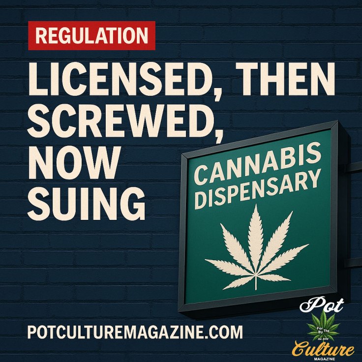 A cannabis news graphic with the headline: “Licensed, Then Screwed, Now Suing” in large white text on a dark brick wall background. Above it, a red banner reads “Regulation.” To the right, there is a green sign with a white cannabis leaf and the words “Cannabis Dispensary.” At the bottom, the text reads: “POTCULTUREMAGAZINE.COM” along with the Pot Culture Magazine logo featuring a cannabis leaf.