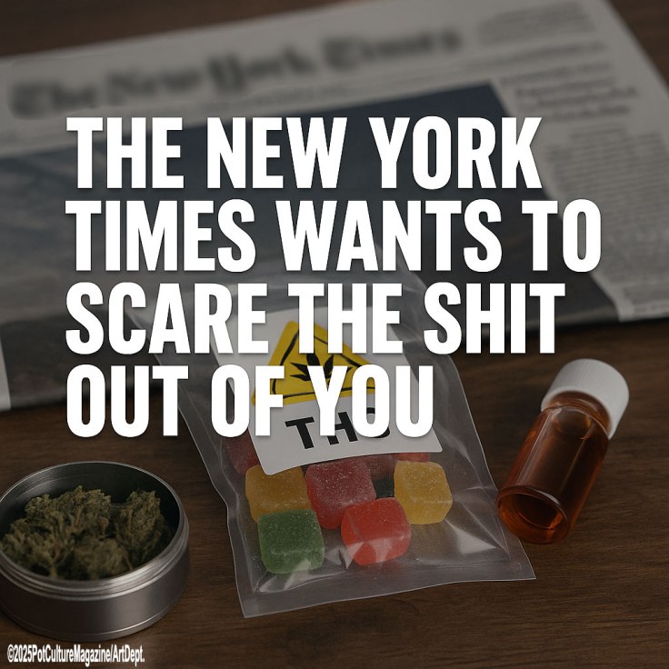 A close-up of cannabis products on a wooden table in front of a blurred New York Times newspaper. In the foreground are a small metal container with cannabis buds, a clear bag of colorful THC-labeled gummies, and a small amber vial. Overlaid bold white text reads, “THE NEW YORK TIMES WANTS TO SCARE THE SHIT OUT OF YOU.” ©2025PotCultureMagazine/ArtDept is printed at the bottom left.