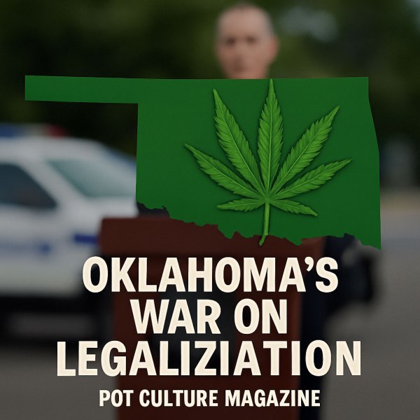 A graphic for Pot Culture Magazine shows a blurred figure of a police officer standing at a podium, with a police car in the background. Overlaid is a green silhouette of Oklahoma with a bold cannabis leaf in the center. The headline reads, “Oklahoma’s War on Legalization,” and the Pot Culture Magazine logo appears at the bottom