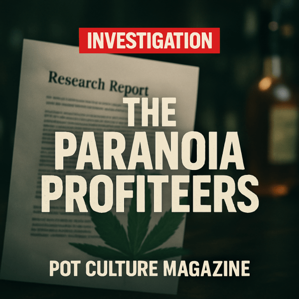 A research report sits upright on a desk with a cannabis leaf partially obscuring the text, symbolizing corporate misinformation. The bold headline reads “The Paranoia Profiteers,” with a red banner above that says “Investigation.” A blurred bottle in the background hints at the involvement of the alcohol industry. ©2025PotCultureMagazine/ArtDept.
