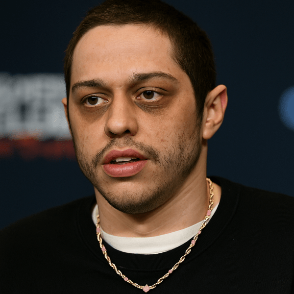 Close-up portrait of a man with short dark hair, wearing a black shirt and a gold chain necklace with pink accents, looking slightly to the side against a dark blurred background.