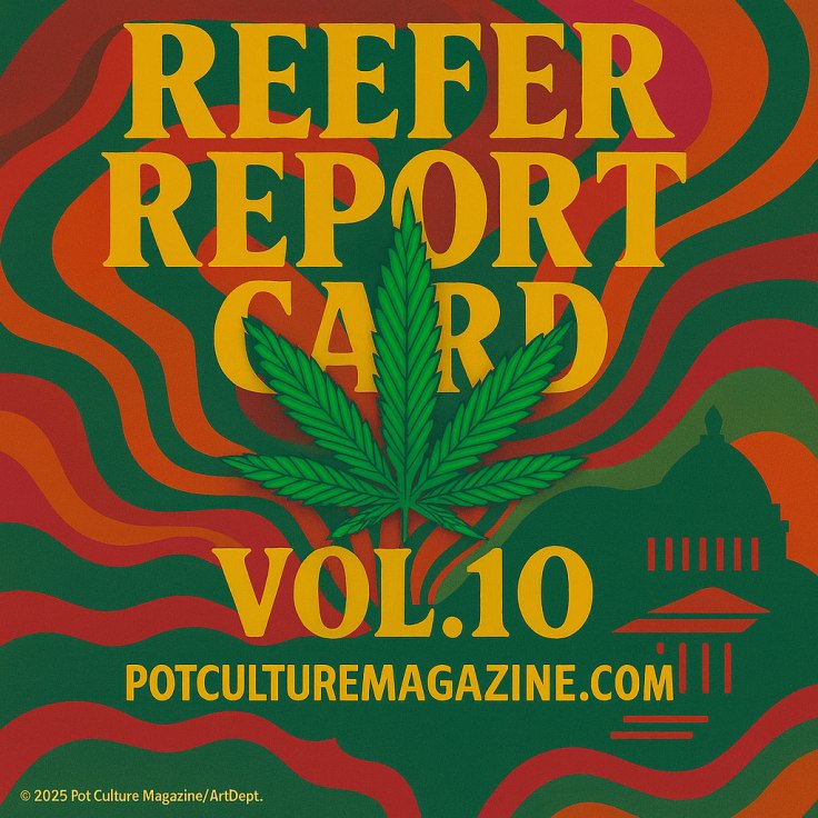A psychedelic-style graphic featuring a large green cannabis leaf centered against a swirling red, orange, and green background. The bold yellow headline reads “REEFER REPORT CARD” with “VOL.10” underneath. At the bottom, the text “POTCULTUREMAGAZINE.COM” is displayed. To the right, the silhouette of a domed government building suggests politics and cannabis reform.