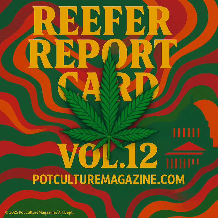 A bold and colorful psychedelic graphic featuring the title Reefer Report Card Vol. 12 in large yellow letters. A detailed cannabis leaf is centered over swirling green, orange, and red background patterns. PotCultureMagazine.com is displayed at the bottom in matching yellow text, with a copyright credit to Pot Culture Magazine Art Dept.