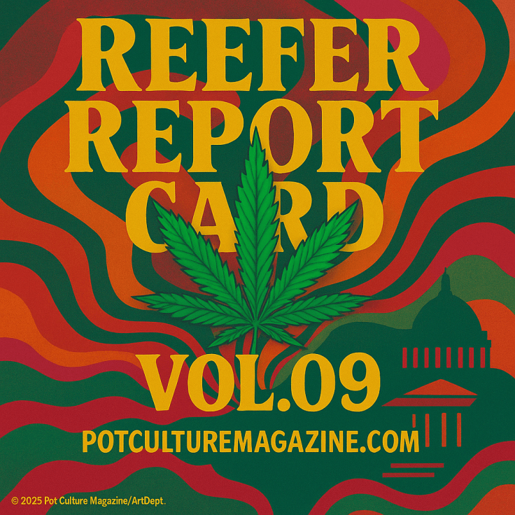 Psychedelic-style graphic with swirling red, orange, and green patterns in the background. Large yellow text at the top reads “REEFER REPORT CARD,” with a detailed green cannabis leaf in the center. Below, bold yellow and red text says “VOL. 09” and “POTCULTUREMAGAZINE.COM.” A silhouette of the U.S. Capitol building is visible in the lower right. The bottom left corner has the copyright “©2025 Pot Culture Magazine/ArtDept