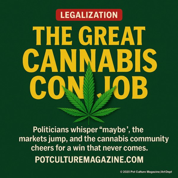 Graphic with a dark green background featuring the headline in large yellow text: 'The Great Cannabis Con Job.' A red label at the top reads 'Legalization.' A bright green cannabis leaf is centered below the headline. Below the leaf, in white text, it reads: 'Politicians whisper “maybe”, the markets jump, and the cannabis community cheers for a win that never comes.' At the bottom is 'PotCultureMagazine.com' and a copyright notice ©2025 Pot Culture Magazine/ArtDept
