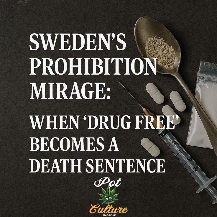 dark tabletop displays drug paraphernalia including a spoon filled with powder, a syringe, several white pills, and a small plastic bag. Bold white text reads, “Sweden’s Prohibition Mirage: When ‘Drug Free’ Becomes a Death Sentence.” The Pot Culture Magazine logo is placed below the text.