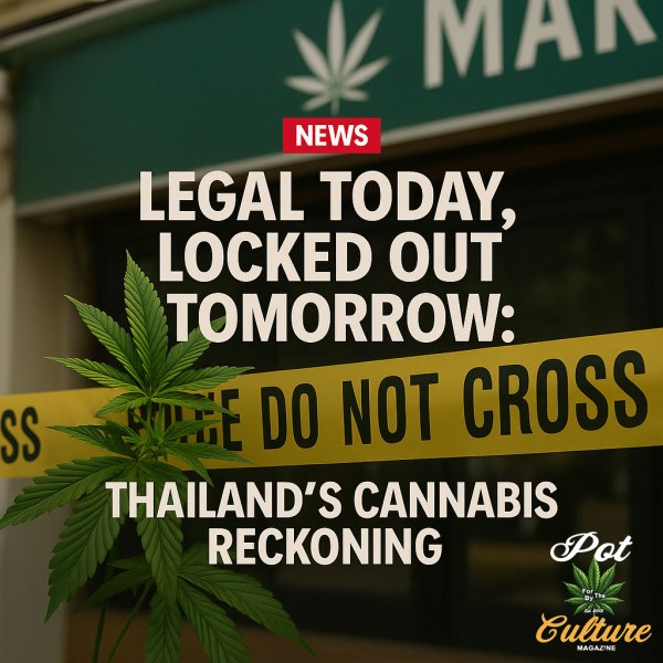 A cannabis plant in front of yellow police “DO NOT CROSS” tape, with the blurred exterior of a marijuana shop in the background. Large white text reads, “Legal Today, Locked Out Tomorrow: Thailand’s Cannabis Reckoning” with a red “NEWS” label above the headline. Pot Culture Magazine logo appears in the lower right corner.