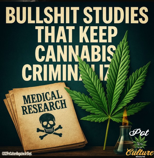 A bold editorial graphic for Pot Culture Magazine featuring the headline “Bullshit Studies That Keep Cannabis Criminalized.” On the left, a stack of brown paper folders is labeled “Medical Research” with a skull and crossbones symbol. To the right, a bright green cannabis leaf leans against the stack, beside a glass flask with smoke rising from it. The background is deep green, giving the image a stark, confrontational tone. Branding includes the Pot Culture Magazine logo and copyright ©2025PotCultureMagazine/ArtDept