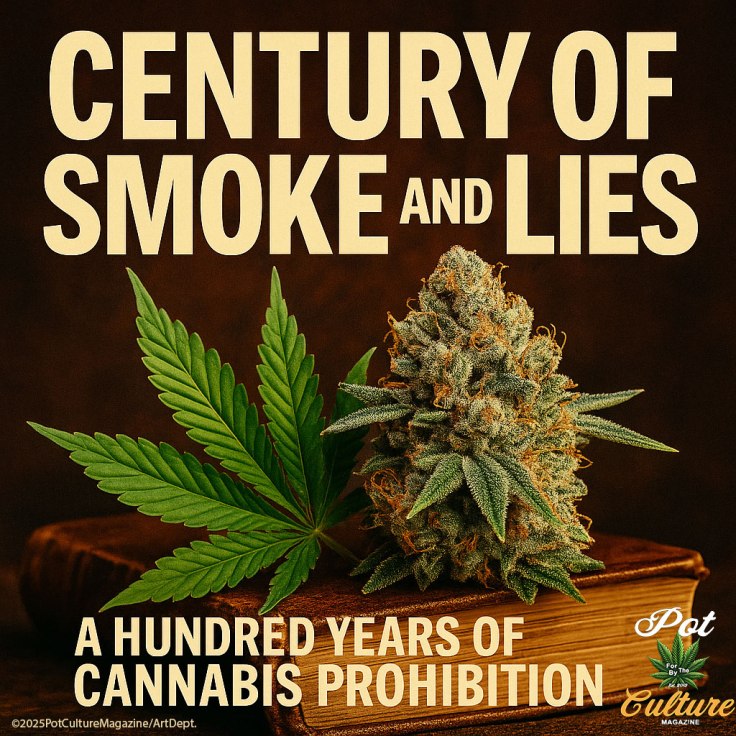 A realistic photograph of a cannabis bud and a fresh green marijuana leaf resting on an old hardcover book, with the bold headline text reading “Century of Smoke and Lies” above and “A Hundred Years of Cannabis Prohibition” below. The background is warm brown with golden lighting, creating a vintage and serious tone. Branding for Pot Culture Magazine, including its logo and copyright ©2025PotCultureMagazine/ArtDept, appears in the lower right corner.