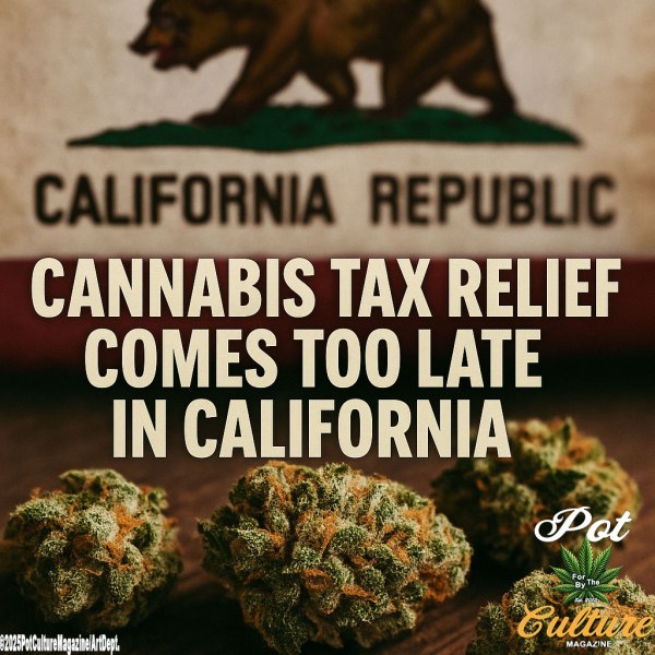 Close-up of cannabis buds in front of the California state flag with bold text reading “Cannabis Tax Relief Comes Too Late in California.” The Pot Culture Magazine logo appears at the bottom right, with the copyright ©2025PotCultureMagazine/ArtDept.
