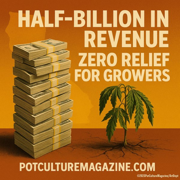 Illustration with bold text reading 'Half-Billion in Revenue, Zero Relief for Growers.' On the left, a tall stack of bundled cash sits on the ground. On the right, a drooping cannabis plant grows out of cracked dry soil, symbolizing financial strain despite state profits. At the bottom, text reads PotCultureMagazine.com with copyright ©2025 PotCultureMagazine/ArtDept.