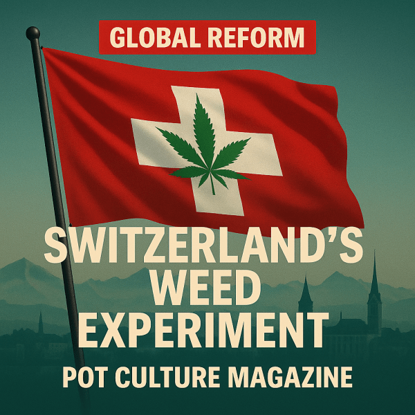 A bold graphic promoting Pot Culture Magazine’s coverage of Switzerland’s cannabis reform. The image shows a red flag with a white cross, altered to include a green cannabis leaf in the center, waving above a scenic Swiss city skyline with church spires and mountains in the background. The top banner reads “GLOBAL REFORM” in white text on a red background. Large cream-colored text below declares: “SWITZERLAND’S WEED EXPERIMENT.” At the bottom, “POT CULTURE MAGAZINE” is written in cream against a teal gradient.