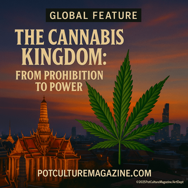 Digital artwork with the headline "GLOBAL FEATURE" at the top in a black box. Below, large bold text reads: "THE CANNABIS KINGDOM: FROM PROHIBITION TO POWER." The background shows Bangkok’s skyline at sunset with Wat Phra Kaew’s golden rooftops in the foreground. A large cannabis leaf dominates the right-hand side of the design. At the bottom, the website POTCULTUREMAGAZINE.COM is displayed, along with ©2025PotCultureMagazine/ArtDept.