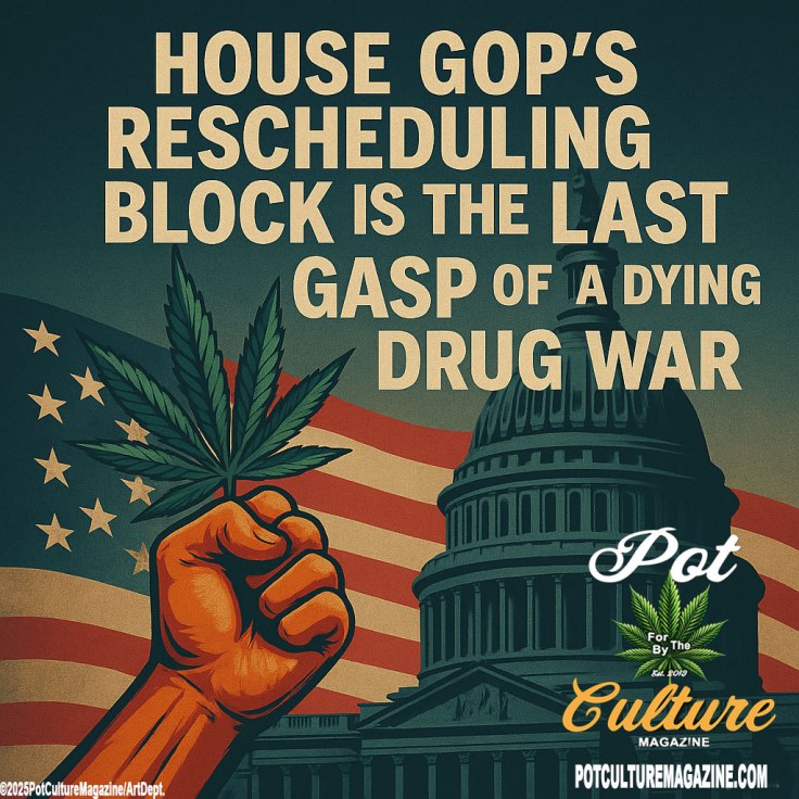 An illustrated poster-style image featuring a bold political message. At the center, a raised fist grips a cannabis leaf against the backdrop of the U.S. Capitol dome and a stylized American flag. Large block letters read: “House GOP’s Rescheduling Block is the Last Gasp of a Dying Drug War.” The bottom includes Pot Culture Magazine’s logo with a cannabis leaf emblem and the website PotCultureMagazine.com