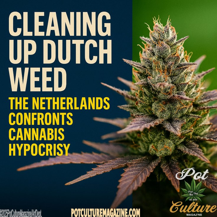 A bold graphic for Pot Culture Magazine shows a close-up of a dense, trichome-covered cannabis bud with deep green and purple hues beside a dark blue background. Large cream-colored text at the top reads “CLEANING UP DUTCH WEED,” with yellow subtext below stating “THE NETHERLANDS CONFRONTS CANNABIS HYPOCRISY.” The Pot Culture Magazine logo with the leaf emblem and tagline “For the Culture, By the Culture” appears in the lower right corner, along with the website PotCultureMagazine.com and the copyright ©2025PotCultureMagazine/ArtDept.