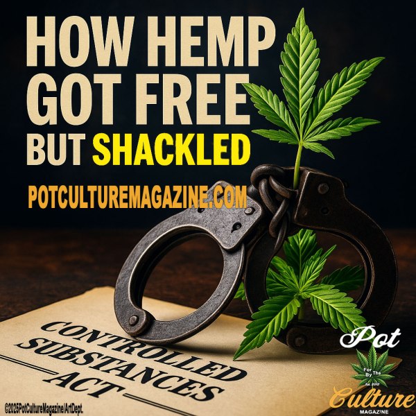 Promotional graphic for Pot Culture Magazine with the headline “How Hemp Got Free But Shackled.” The background features a hemp leaf secured inside a pair of metal handcuffs resting on a document labeled “Controlled Substances Act.” The words “PotCultureMagazine.com” and the Pot Culture Magazine logo appear at the bottom.