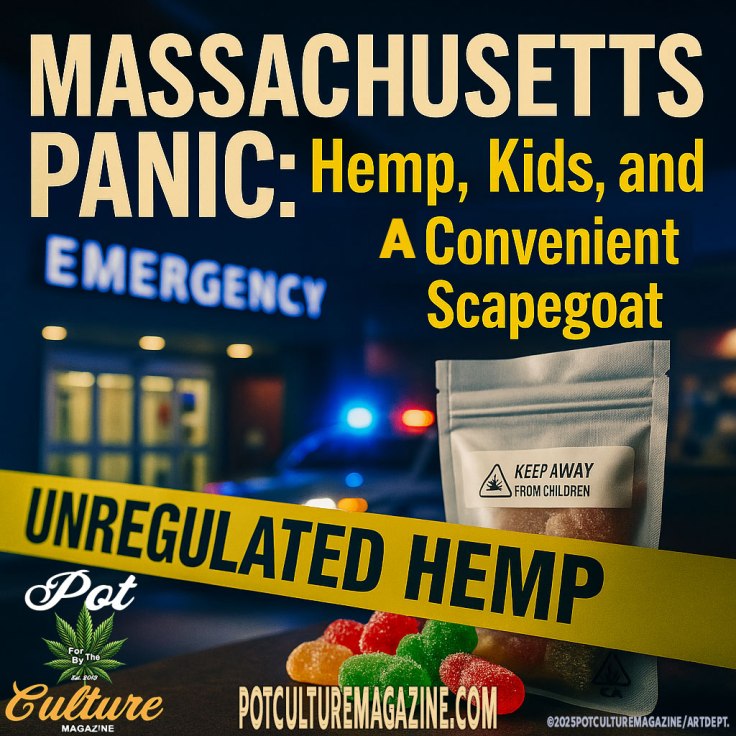 A digital graphic styled as a magazine feature with bold headline text that reads: “Massachusetts Panic: Hemp, Kids, and A Convenient Scapegoat.” The background shows the entrance to a hospital emergency room with a police car flashing blue lights. In the foreground, a bag of gummies labeled “Keep Away From Children” sits behind a strip of bold yellow police-style tape reading “UNREGULATED HEMP.” At the bottom are the Pot Culture Magazine logo and the website PotCultureMagazine.com.
