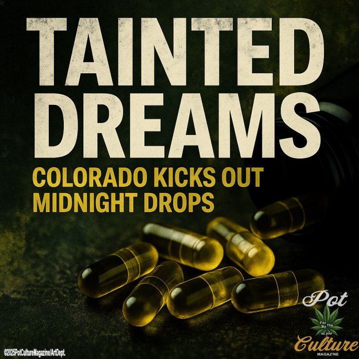 Promotional graphic for Pot Culture Magazine featuring the headline “TAINTED DREAMS: Colorado Kicks Out Midnight Drops.” The design shows several translucent golden cannabis capsules spilling from a dark bottle onto a textured surface. Bold cream and gold text dominates the upper portion, while the Pot Culture Magazine logo and copyright ©2025PotCultureMagazine/ArtDept are at the bottom.