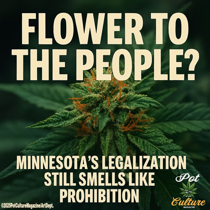 A bold advocacy graphic featuring a close-up of a frosty cannabis bud with orange hairs and deep green leaves. Overlaid text reads: “FLOWER TO THE PEOPLE? Minnesota’s legalization still smells like prohibition.” The design includes the Pot Culture Magazine logo and copyright ©2025PotCultureMagazine/ArtDept in the corner.