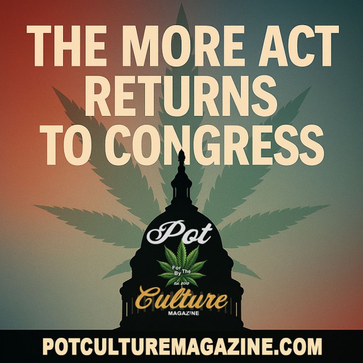 A graphic promoting Pot Culture Magazine. The background is a gradient of muted green, red, and orange with the silhouette of the U.S. Capitol dome in black, overlaid with a green cannabis leaf. Bold cream text reads, “THE MORE ACT RETURNS TO CONGRESS.” At the bottom, the Pot Culture Magazine logo with the tagline “For the Culture, By the Culture” is visible, along with the website address, PotCultureMagazine.com. The image includes the ©2025PotCultureMagazine/ArtDept. branding.