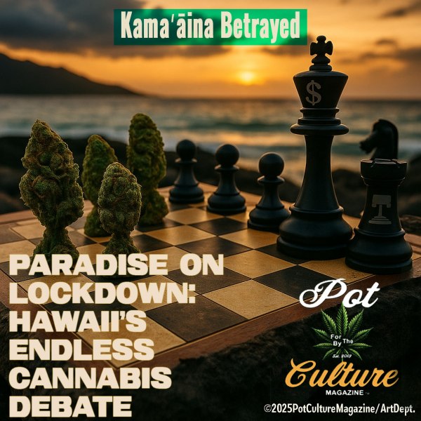 A symbolic image showing a chessboard set up on a rocky shoreline at sunset in Hawai‘i. The black chess pieces feature dollar signs and gavel icons, while opposing pieces are shaped like cannabis buds. Above the board, the headline reads: “Kamaʻāina Betrayed — Paradise on Lockdown: Hawaii’s Endless Cannabis Debate.” The Pot Culture Magazine logo and copyright ©2025PotCultureMagazine/ArtDept are at the bottom right