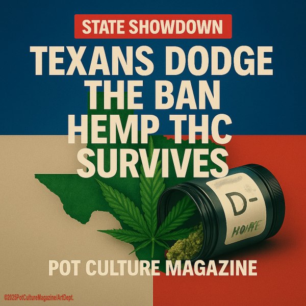 A bold graphic announcing cannabis news with the Texas flag as the backdrop. A green silhouette of Texas with a large cannabis leaf is centered on the flag. A tipped-over black jar labeled “D-Home” spills cannabis buds in the foreground. Large cream-colored text reads: “STATE SHOWDOWN – TEXANS DODGE THE BAN, HEMP THC SURVIVES.” At the bottom: “POT CULTURE MAGAZINE.” Copyright ©2025PotCultureMagazine/ArtDept.