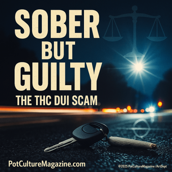 A digital graphic promoting Pot Culture Magazine’s feature article titled “Sober But Guilty: The THC DUI Scam.” The image shows a dark highway at night with blurred headlights in the distance. A pair of car keys and a rolled joint rest on the pavement in the foreground. The bold text reads: “Sober But Guilty – The THC DUI Scam.” A faint scale of justice symbol is visible in the background sky. Branding at the bottom includes “PotCultureMagazine.com” and ©2025 PotCultureMagazine/ArtDept