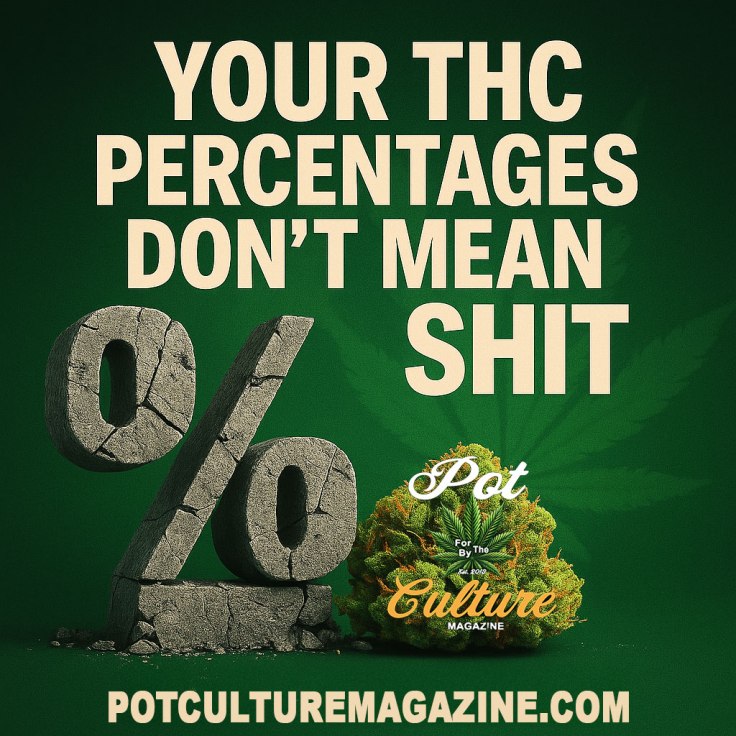 A bold green background with cracked stone percentage symbols in the foreground, symbolizing broken assumptions about THC levels. To the right, a bright green cannabis bud features the Pot Culture Magazine logo. Large beige text at the top reads “YOUR THC PERCENTAGES DON’T MEAN SHIT,” and the website PotCultureMagazine.com is displayed prominently at the bottom